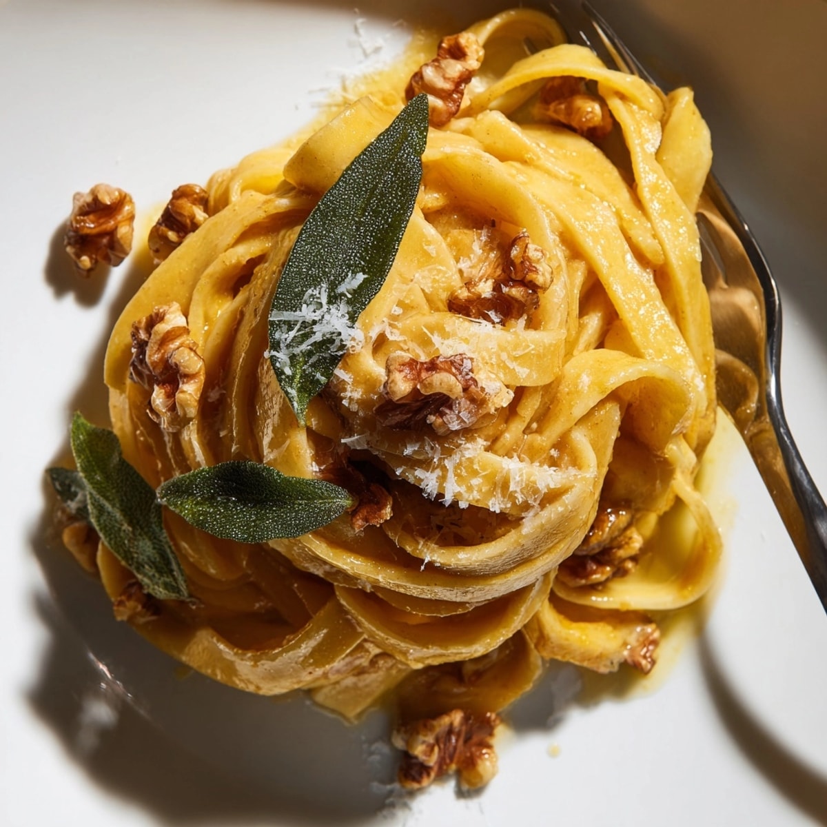 Creamy, fragrant Brown Butter Pasta with Walnuts &amp; Sage plated, showcasing the aromatic herbs.