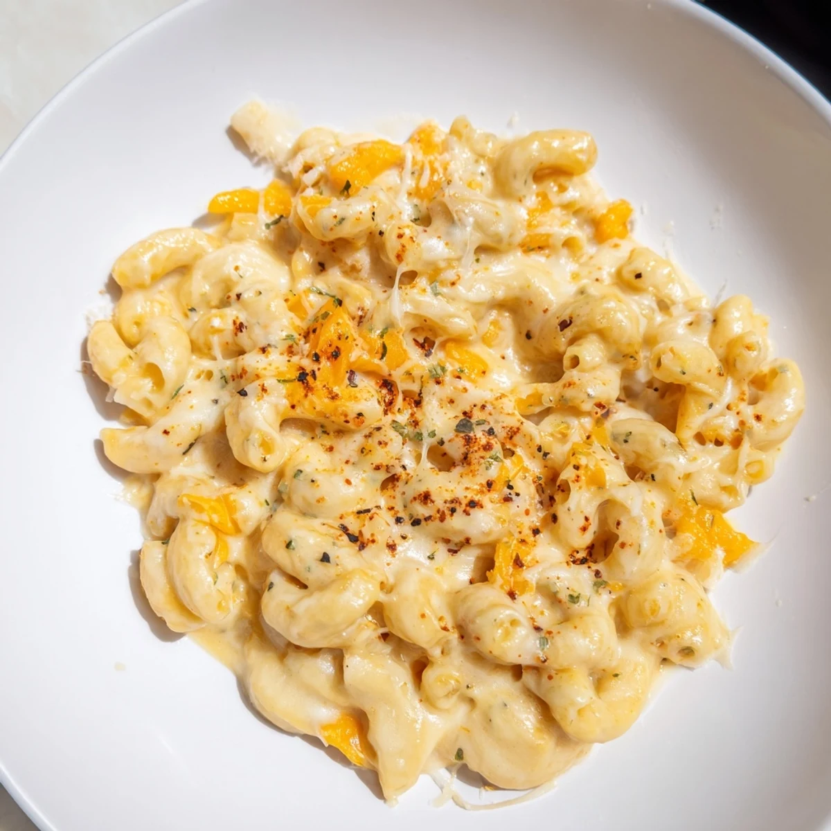 A comforting bowl of One-Pot Butternut Squash Mac & Cheese, with melted cheese and a vibrant orange hue.
