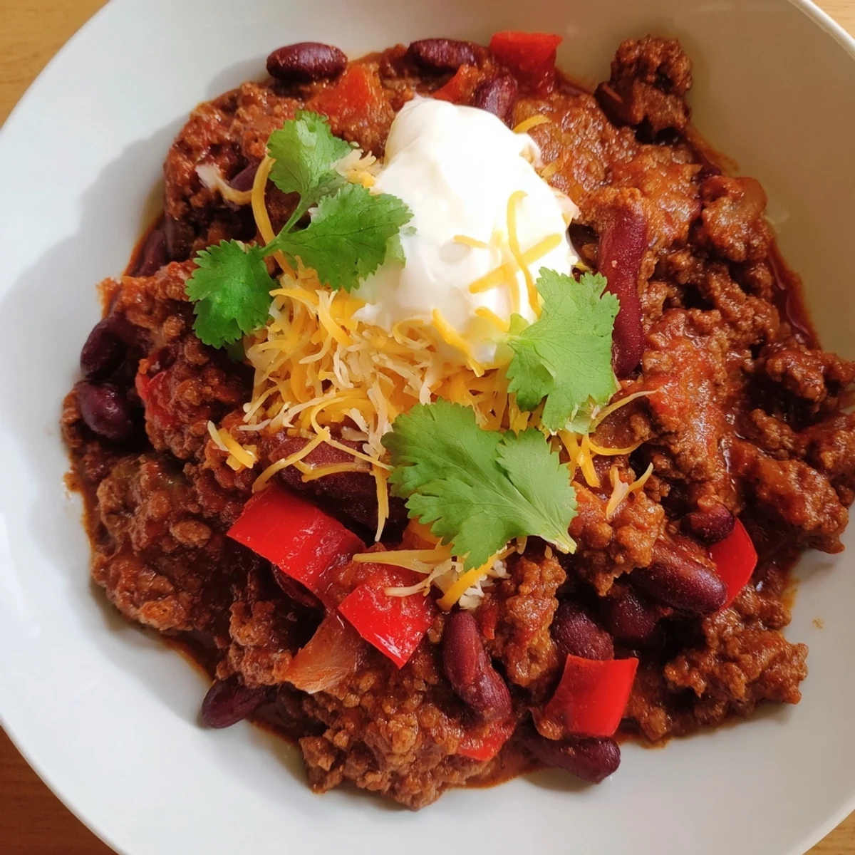A close-up view of the rich, savory Slow Cooker Beef & Shallot Chili overflowing a rustic bowl.