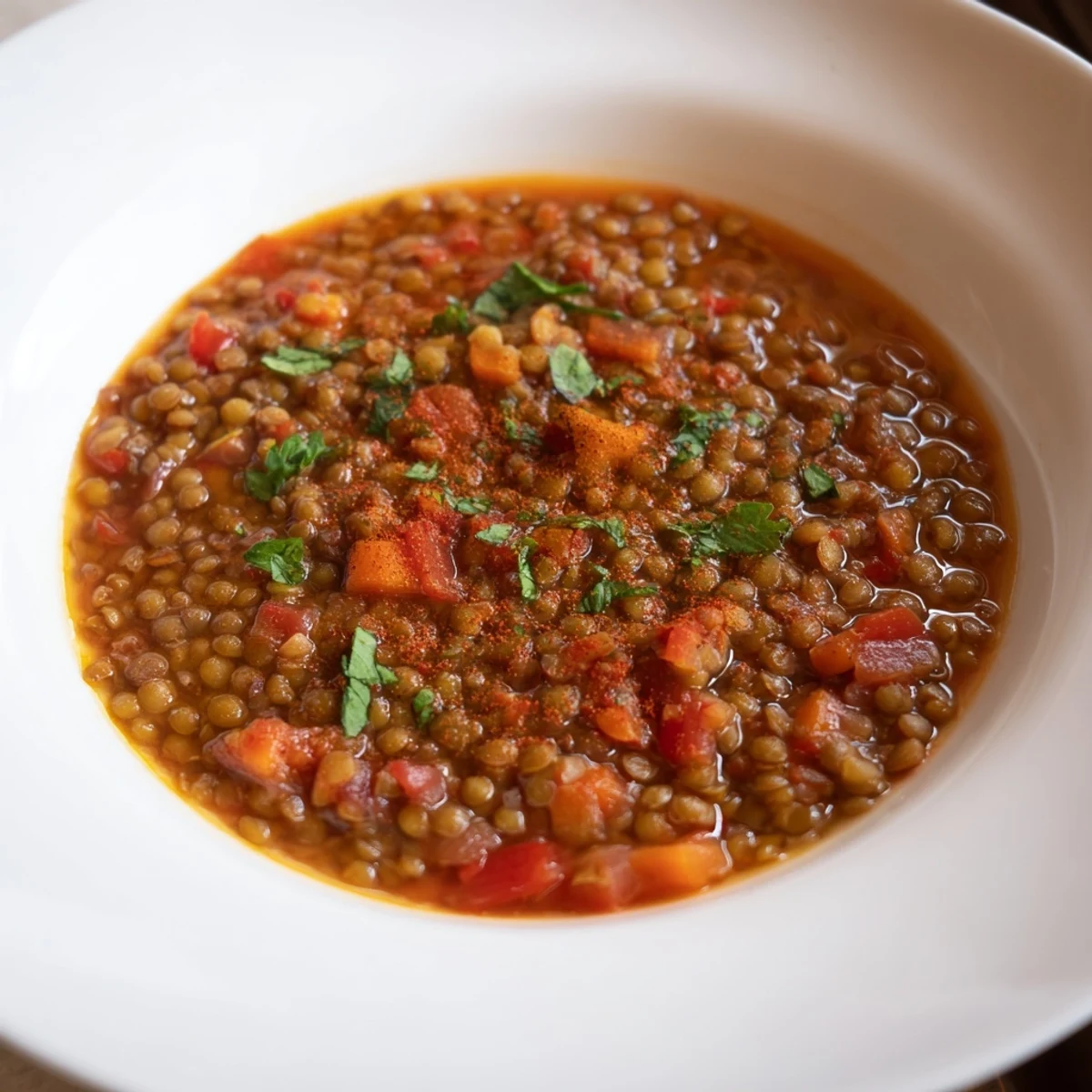 Close-up of a delicious and comforting Abuela's Secret Lentil Stew with Prunes, perfect for a chilly evening.