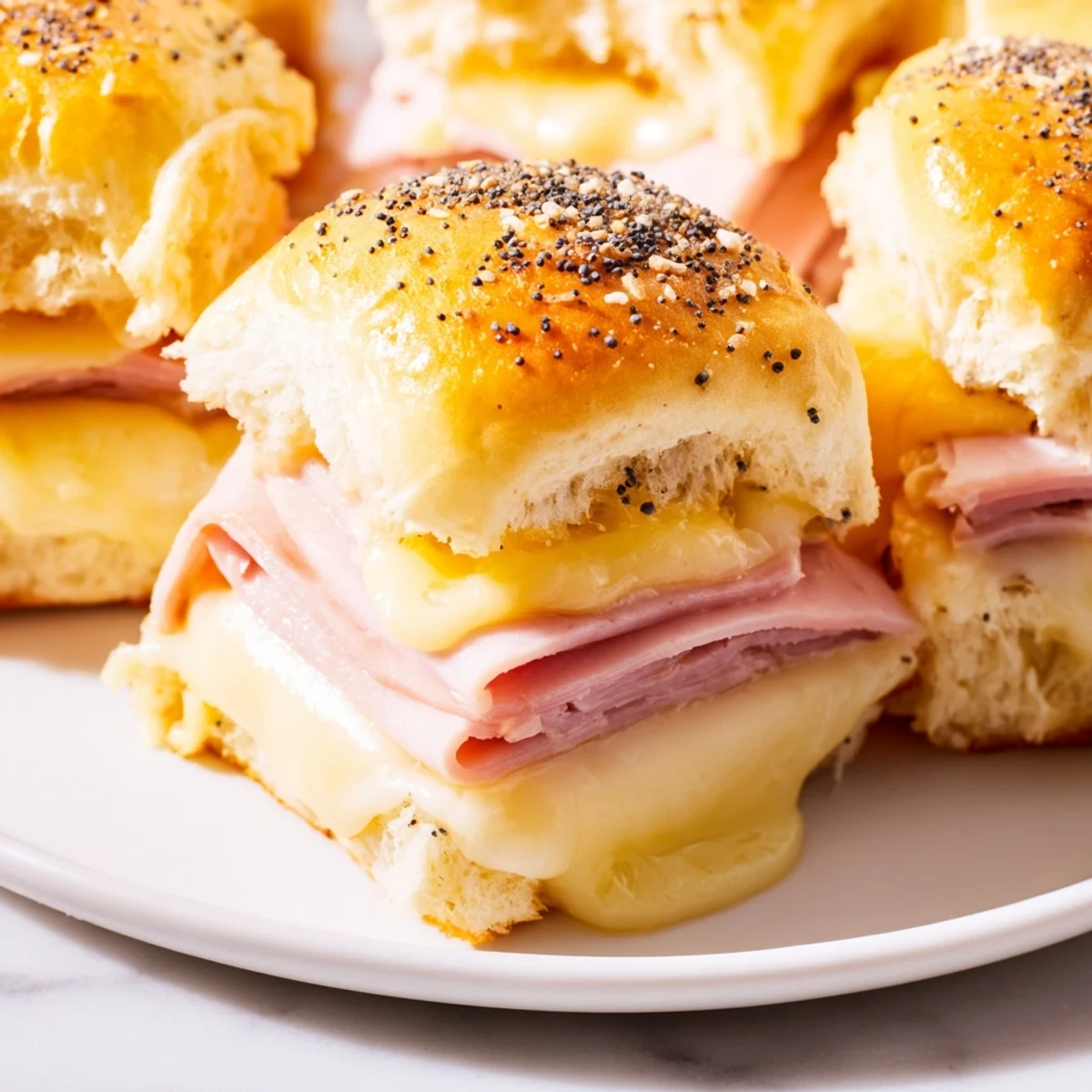Golden, bubbly Cheesy Baked Ham and Cheese Party Sliders, fresh from the oven, ready to serve.