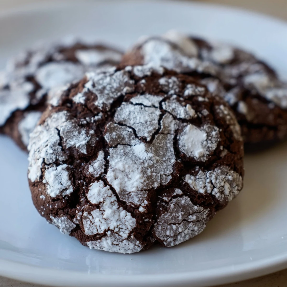 Fudgy Simple Chocolate Crinkle Cookies, generously rolled in powdered sugar, ready to bake.