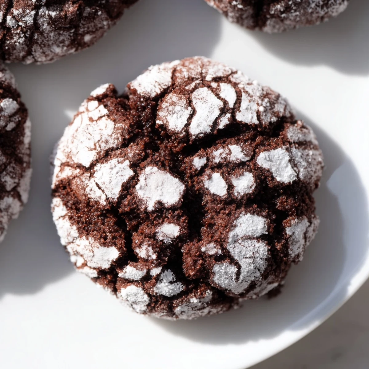 Warm, crackled Simple Chocolate Crinkle Cookies piled high, a perfect treat for the holidays.