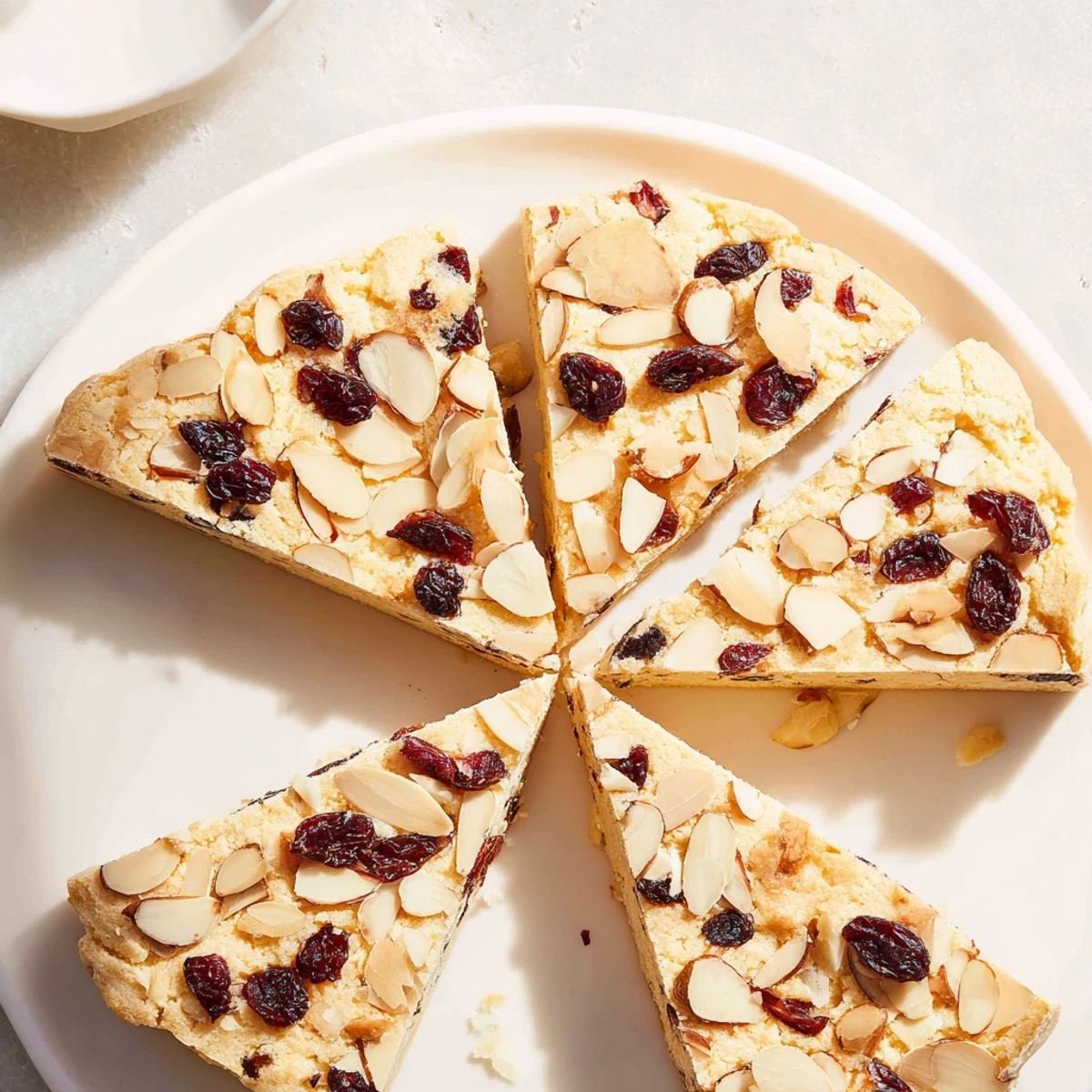 Golden, flaky Cherry Almond Shortbread Wedges, baked till crisp, dotted with cherries, and topped with almonds.