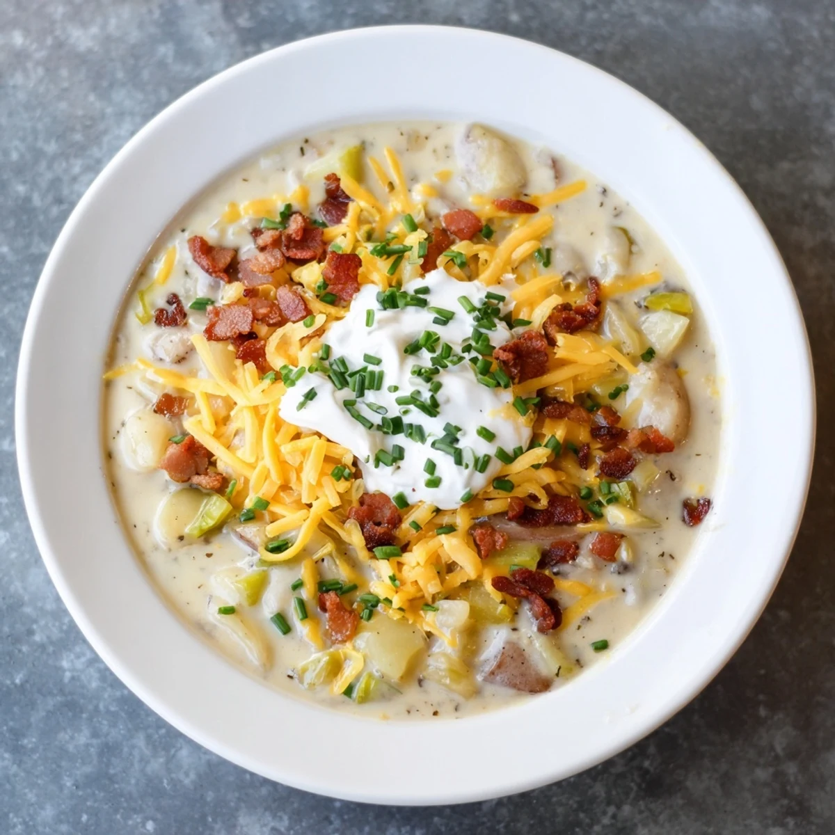 Steaming bowl of Ultimate Baked Potato Soup, garnished with chives and cheese, ready to eat.