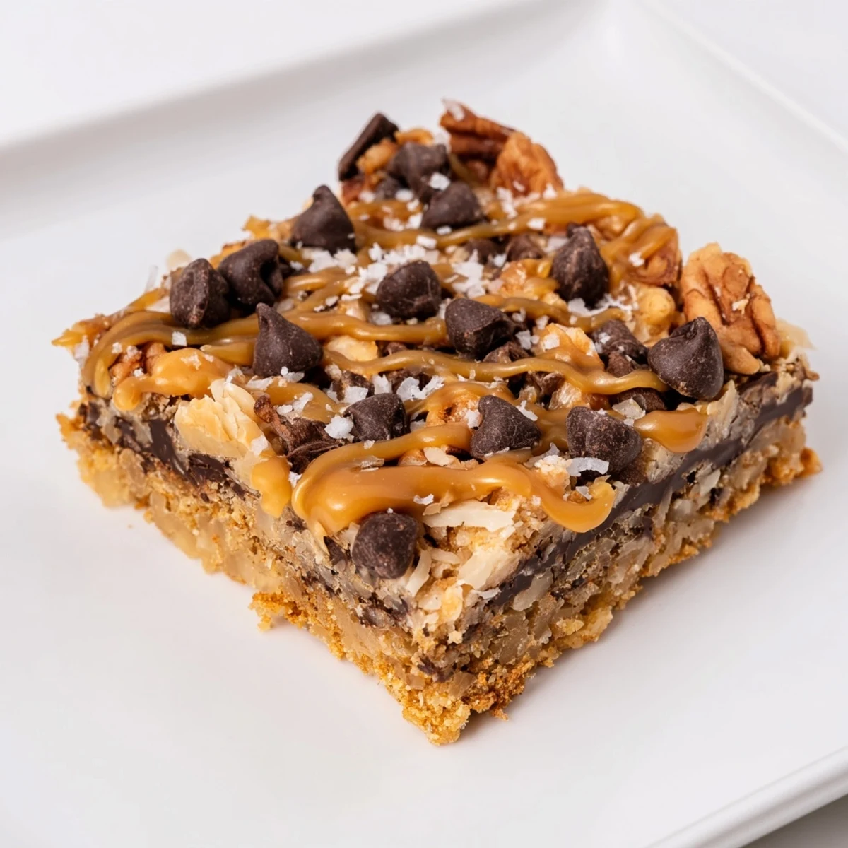 Close-up of decadent 7-Layer Magic Bars: gooey layers and a drizzle of caramel, sweet treat.