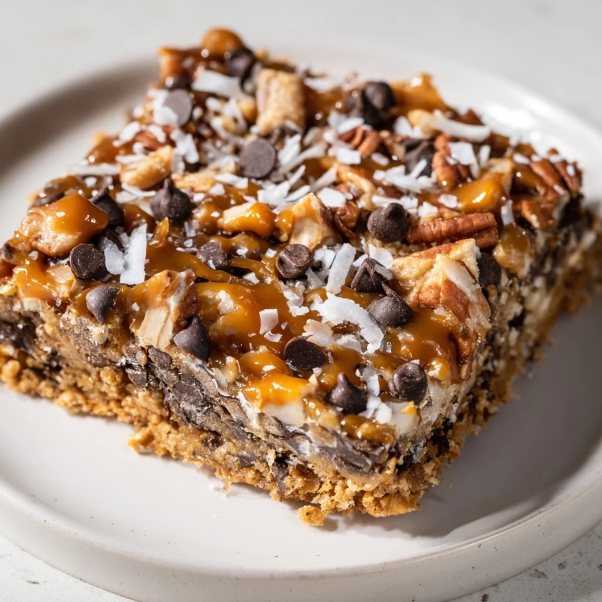 A tray of freshly baked 7-Layer Magic Bars, showing off the textures and nutty toppings.