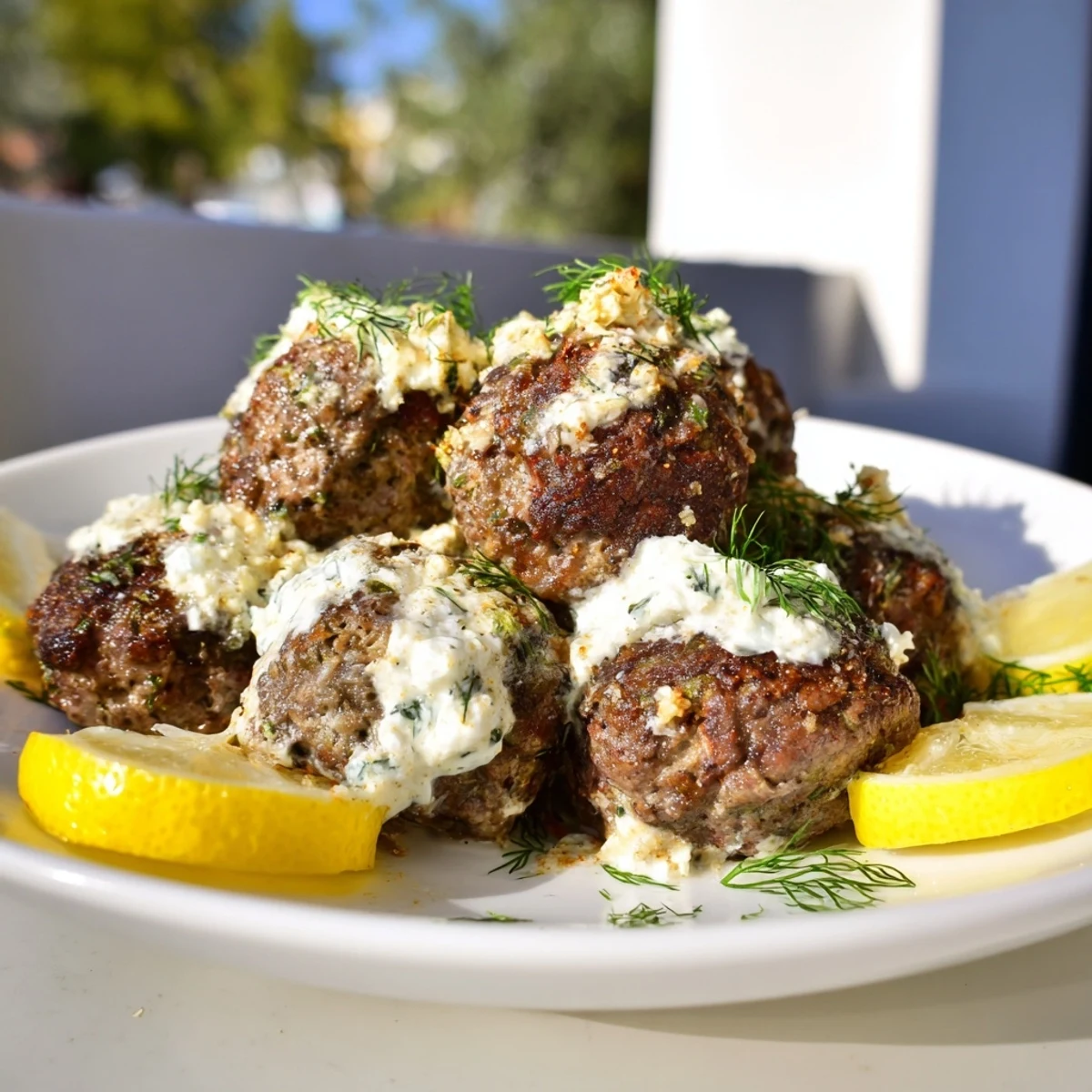 Instant Pot Greek-Style Meatballs with creamy lemon-feta, garnished with parsley and lemon wedges.