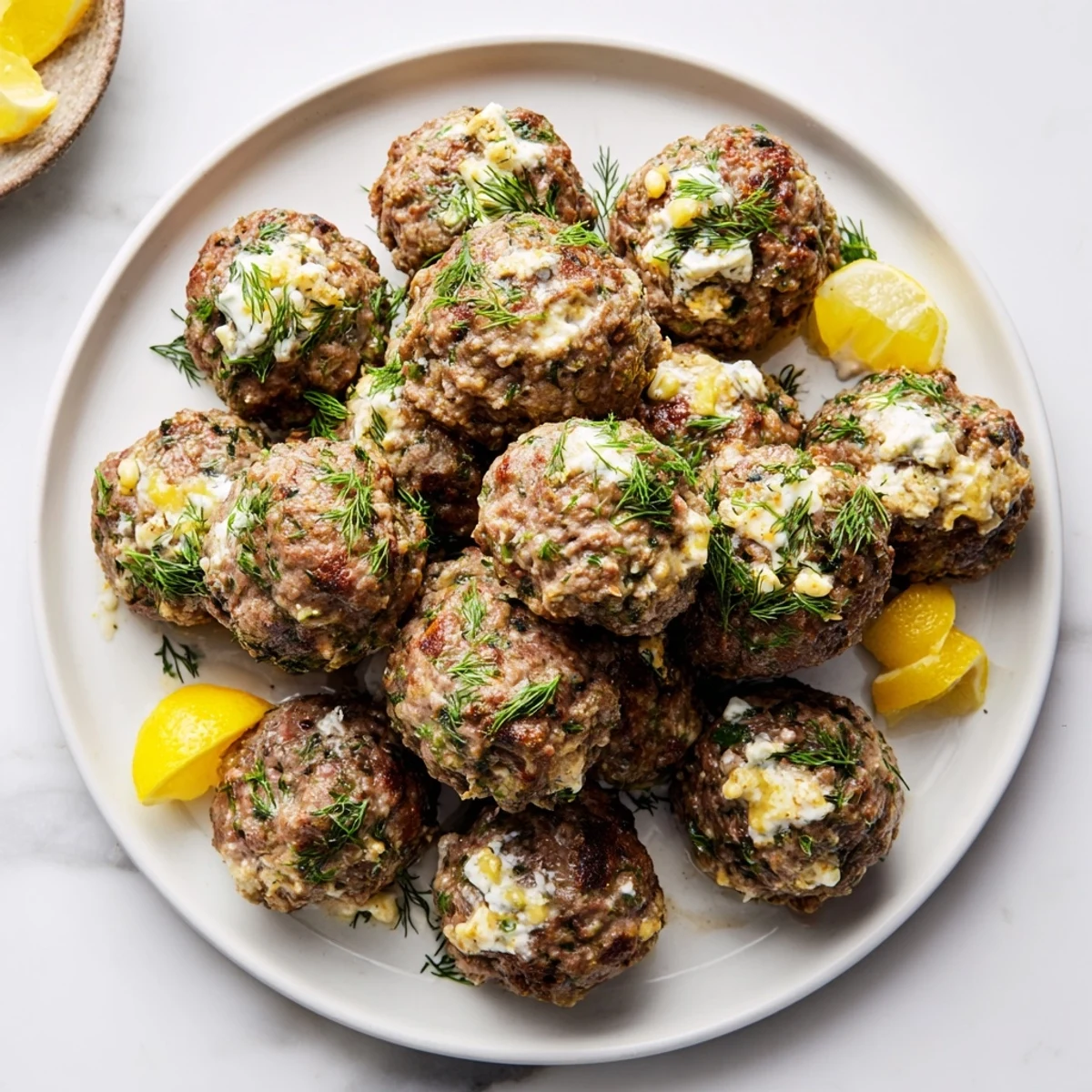 Plated Instant Pot Greek-Style Meatballs featuring a tangy lemon-feta sauce, perfect for a Mediterranean meal.