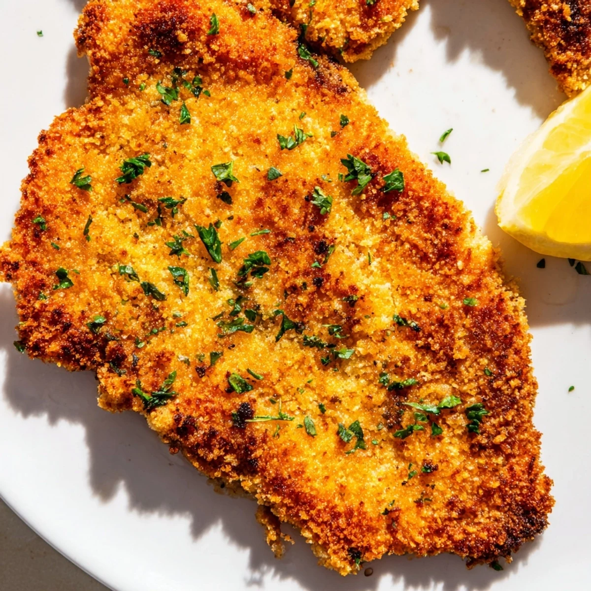 Golden-brown Air Fryer Wiener Schnitzel, perfectly crispy and ready with a squeeze of fresh lemon.