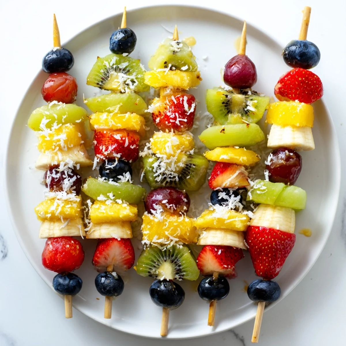Fresh, colorful Easy Festive Fruit Kabobs, ready for your BBQ—a healthy, sweet snack or dessert.