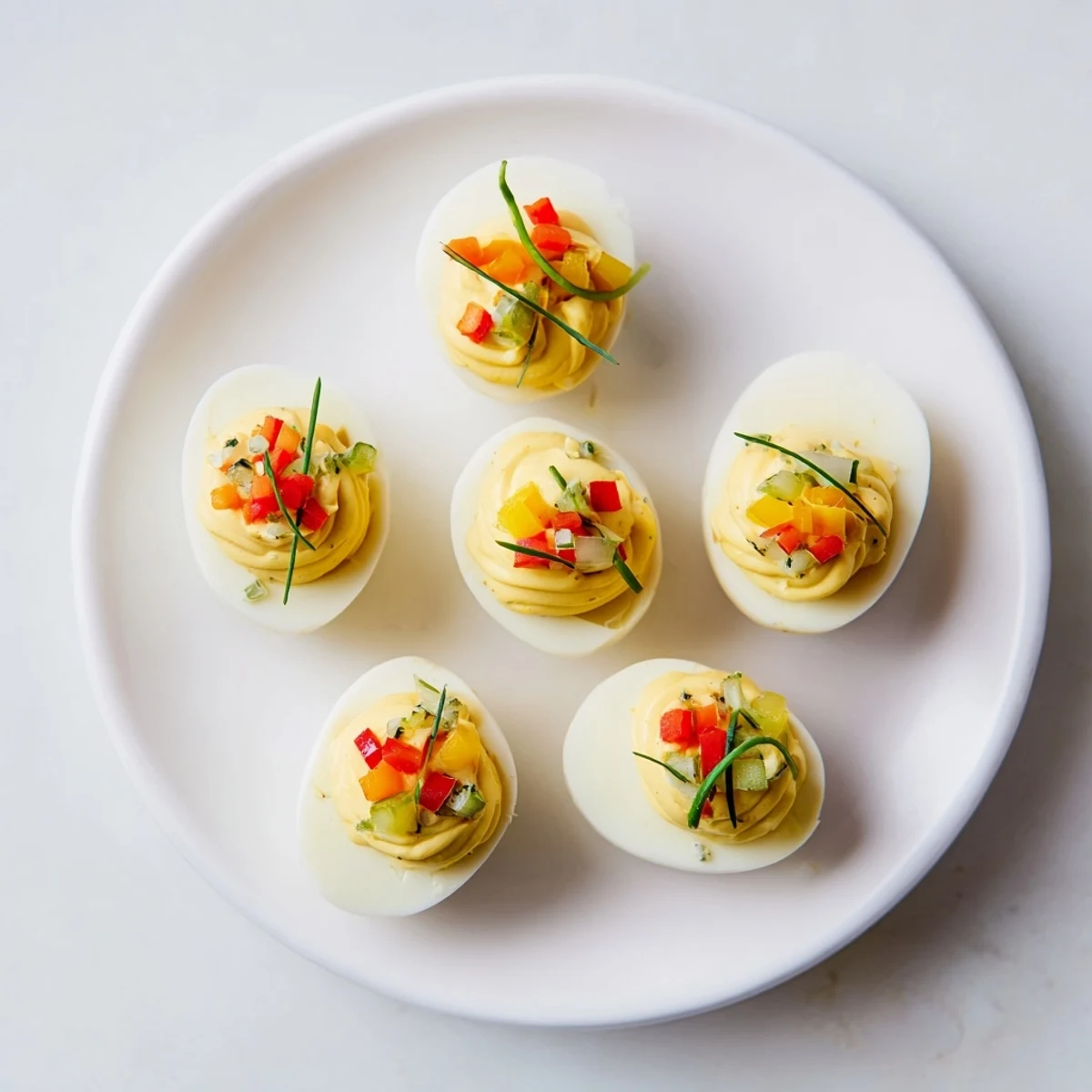 Festive Deviled Egg Ornaments, beautifully decorated with red and green peppers, are perfect party appetizers.