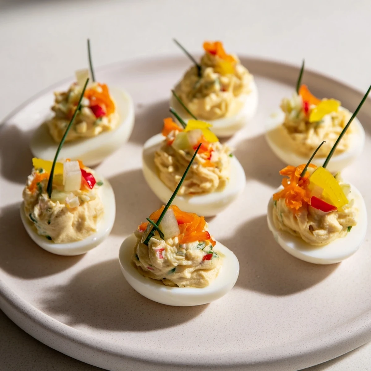 Imagine the creamy, flavorful Festive Deviled Egg Ornaments, ready to chill with vibrant pepper and carrot "ornaments."