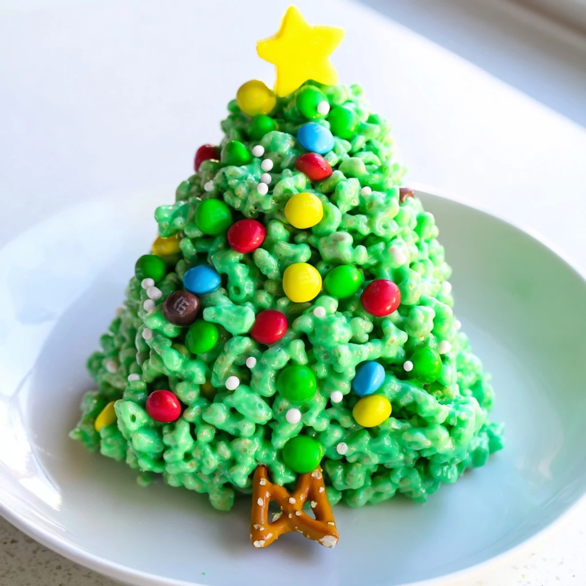 A close-up of vibrant, edible Christmas Tree Rice Crispy Treats, ready for sharing and sweet festive enjoyment.