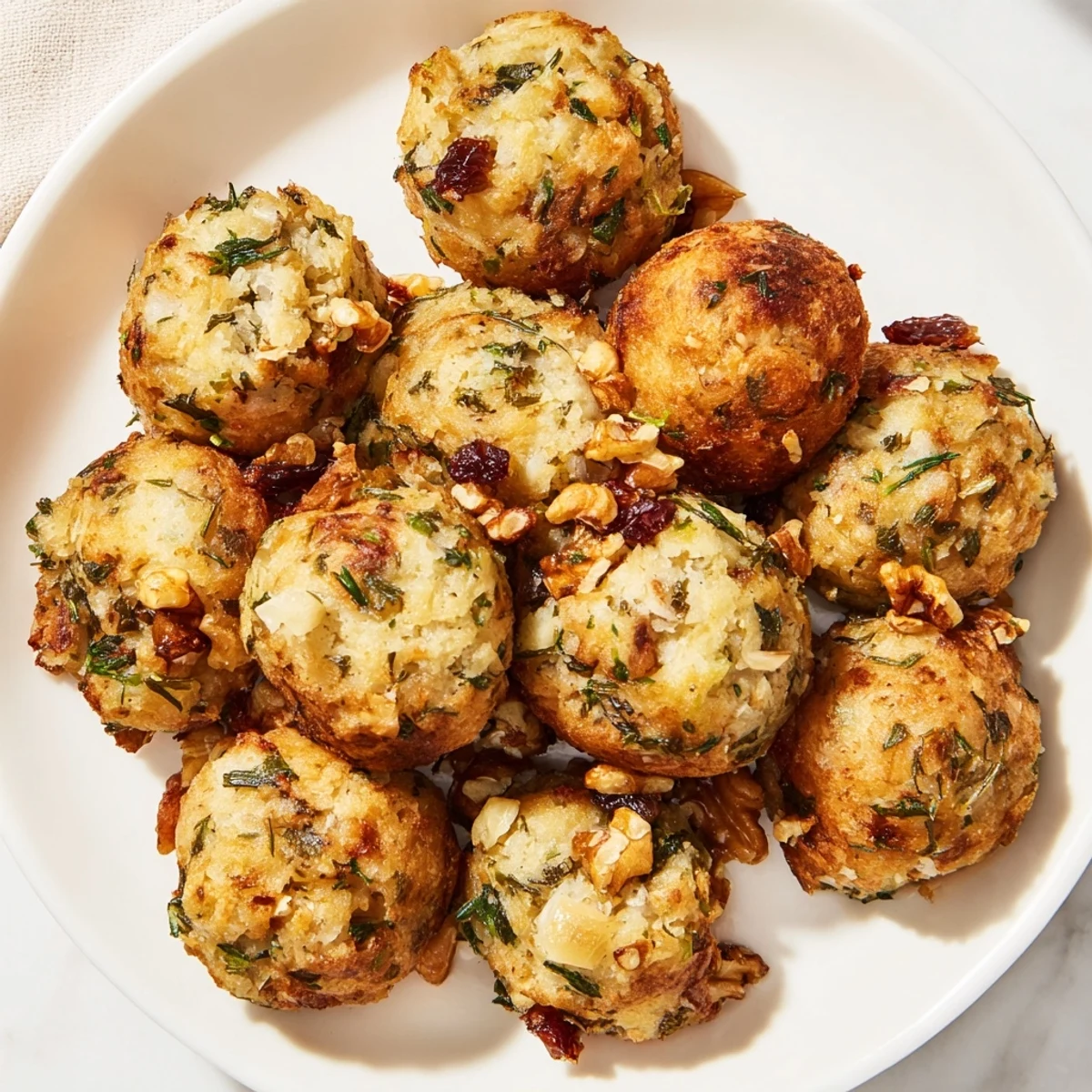 Golden-brown Quick Christmas Stuffing Balls, warm and savory, perfect for a holiday feast.