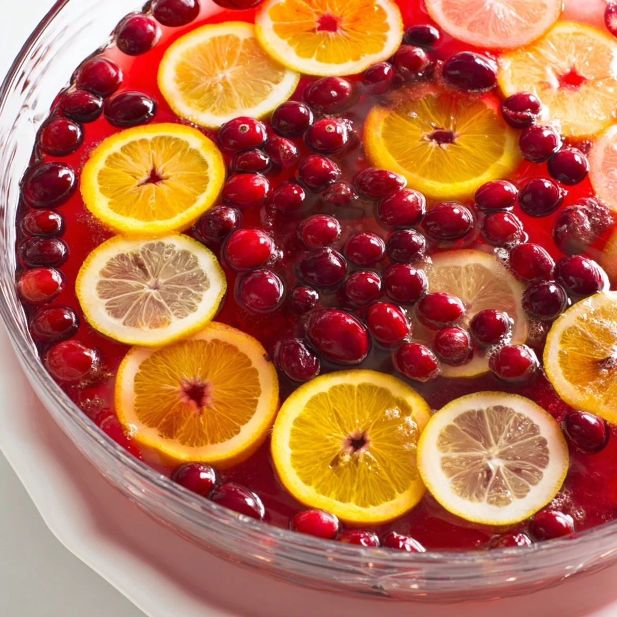 Quick Holiday Punch with an ice ring, garnished with vibrant citrus slices and red cranberries.