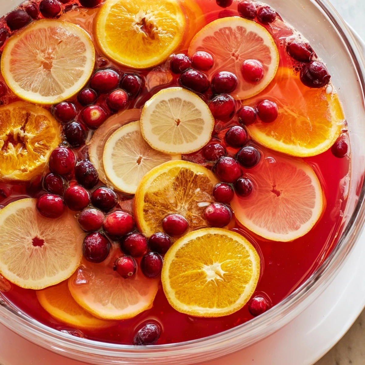 Refreshing Quick Holiday Punch swirling in a punch bowl with a beautiful frozen fruit ice ring.