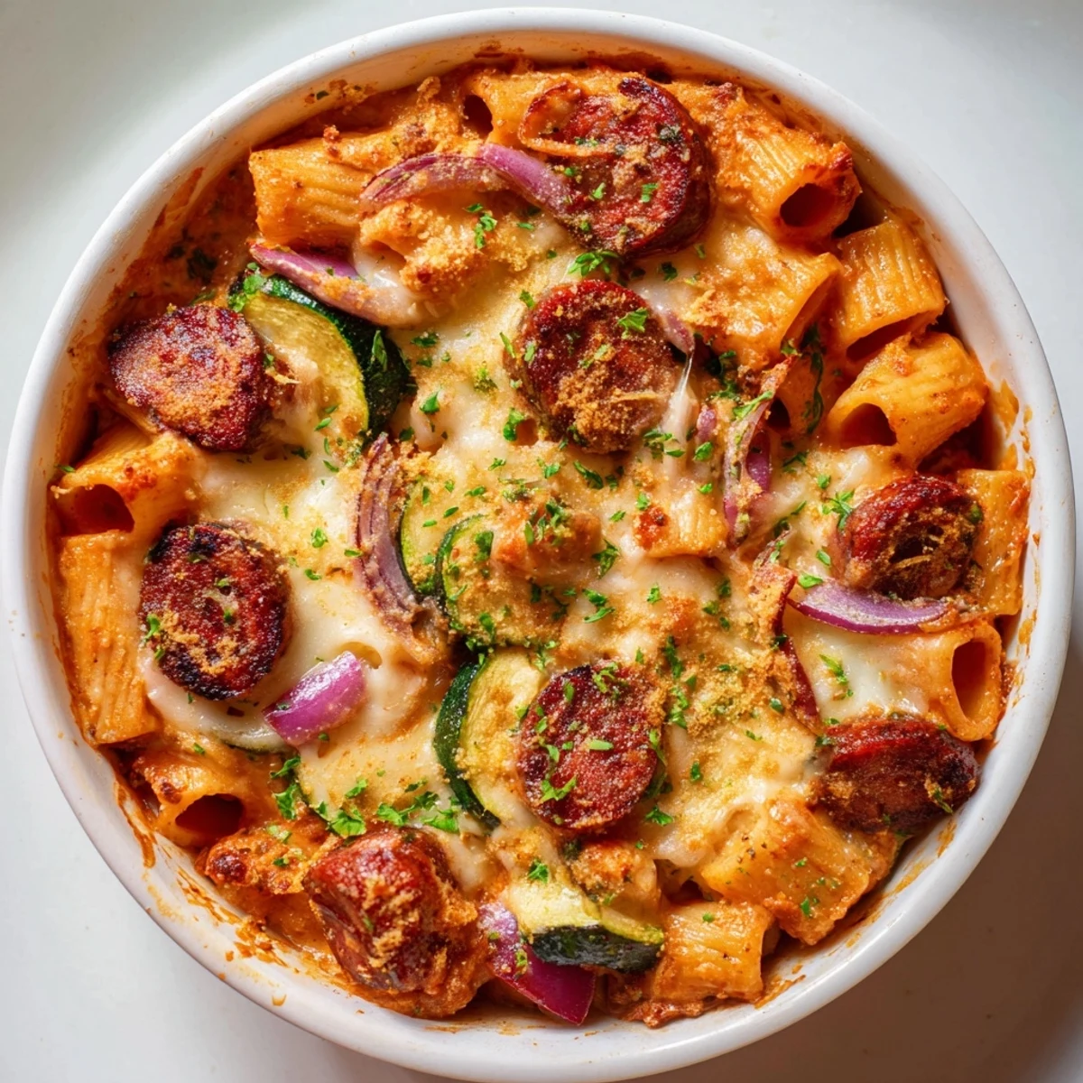 Enjoy a hearty bowl of Spicy Vegan Chorizo Baked Pasta, featuring visible vegetables and a golden crust.