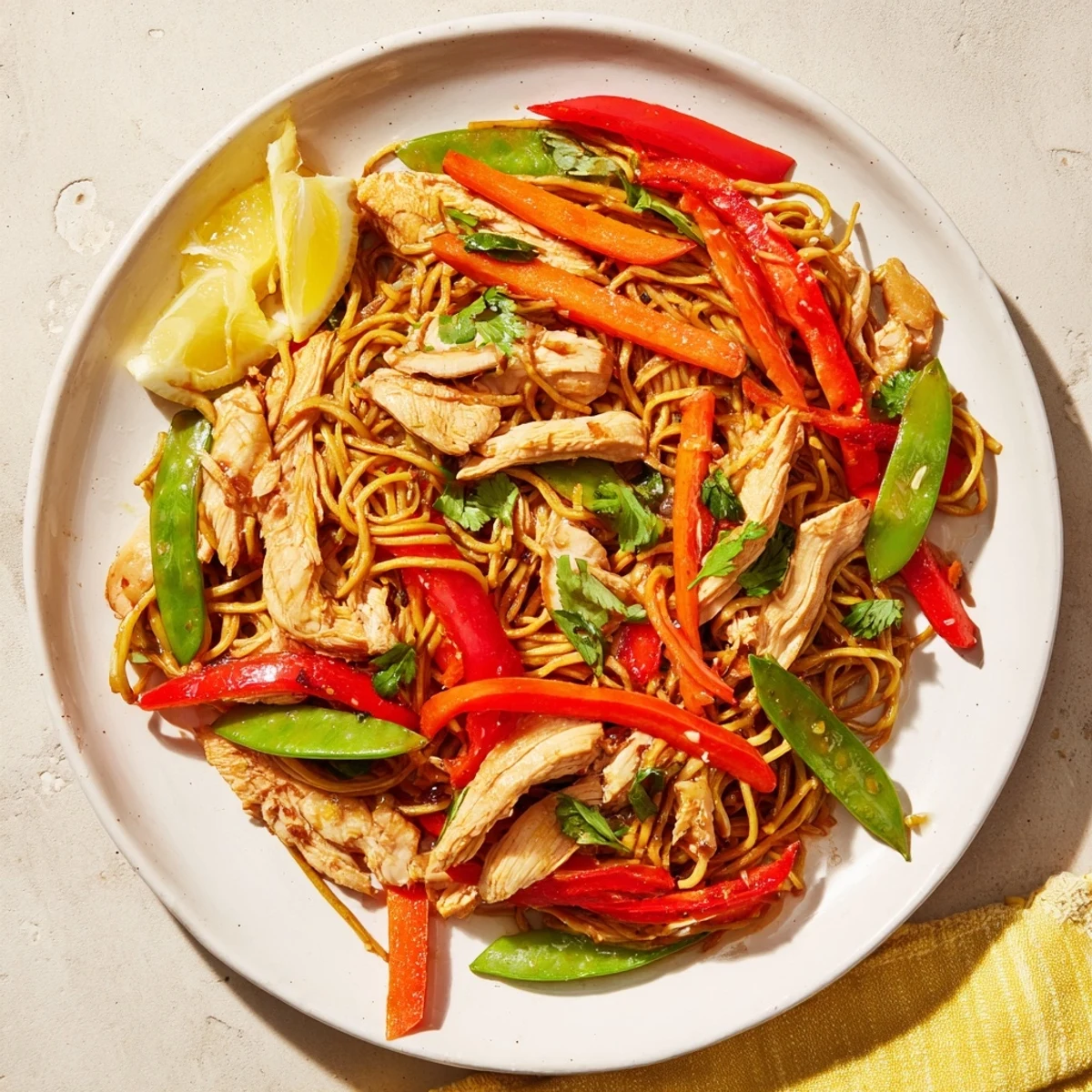 Steaming hot Lemon-Garlic Chicken Stir Fry with noodles, showcasing chicken and bright vegetables, ready to serve.