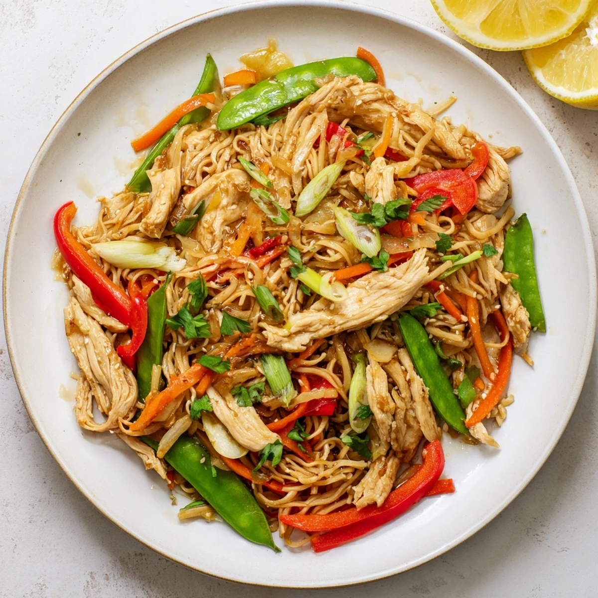 Aromatic Lemon-Garlic Chicken Stir Fry with noodles, featuring glistening chicken and colorful veggies in a tasty sauce.