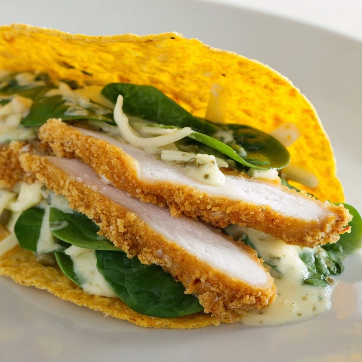 Close-up of a delicious Chicken Piccata Crunch Wrap, showcasing its flavorful layers and textures.