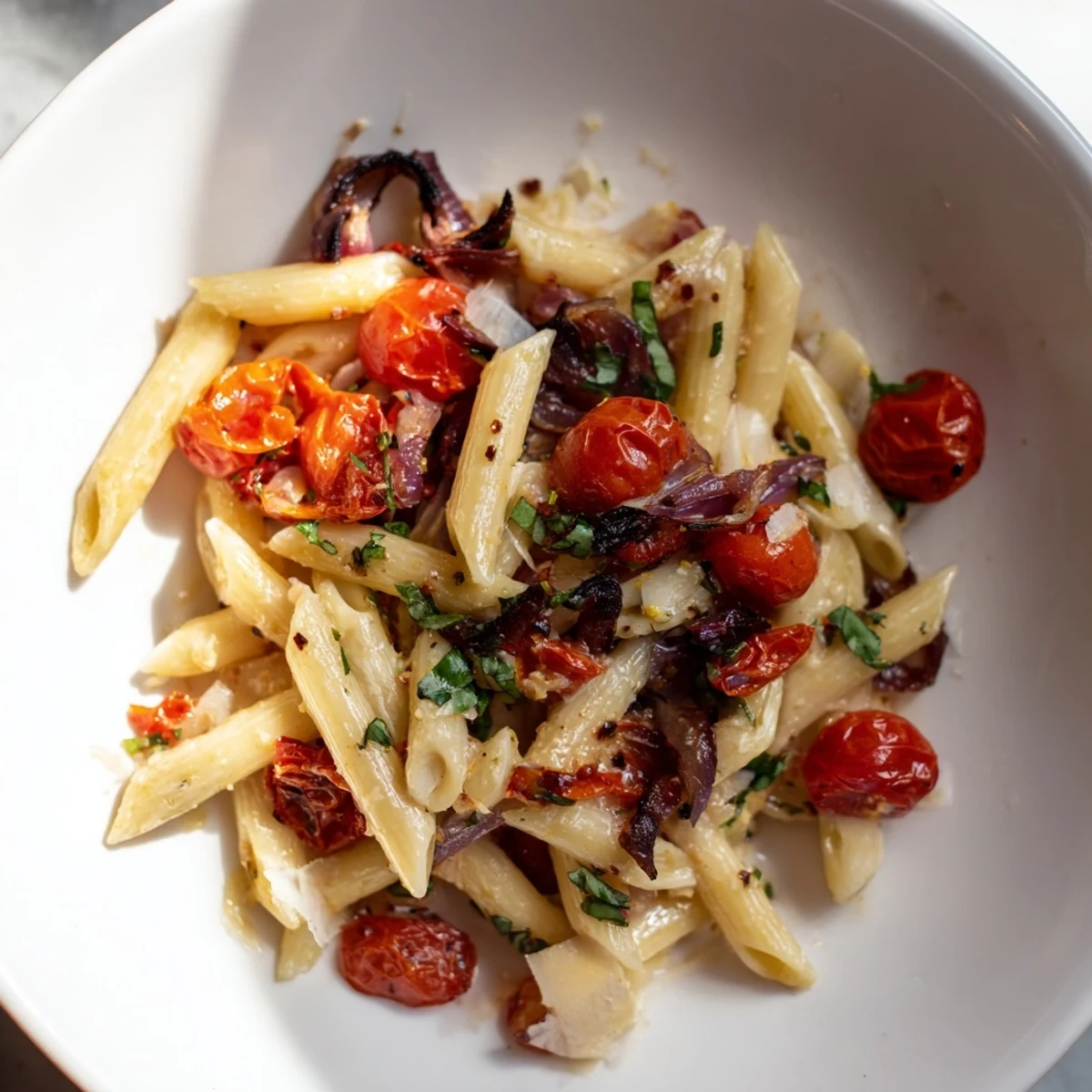 Image of Baked Tomato & Olive Oil Pasta, glistening with roasted tomatoes and fresh basil.