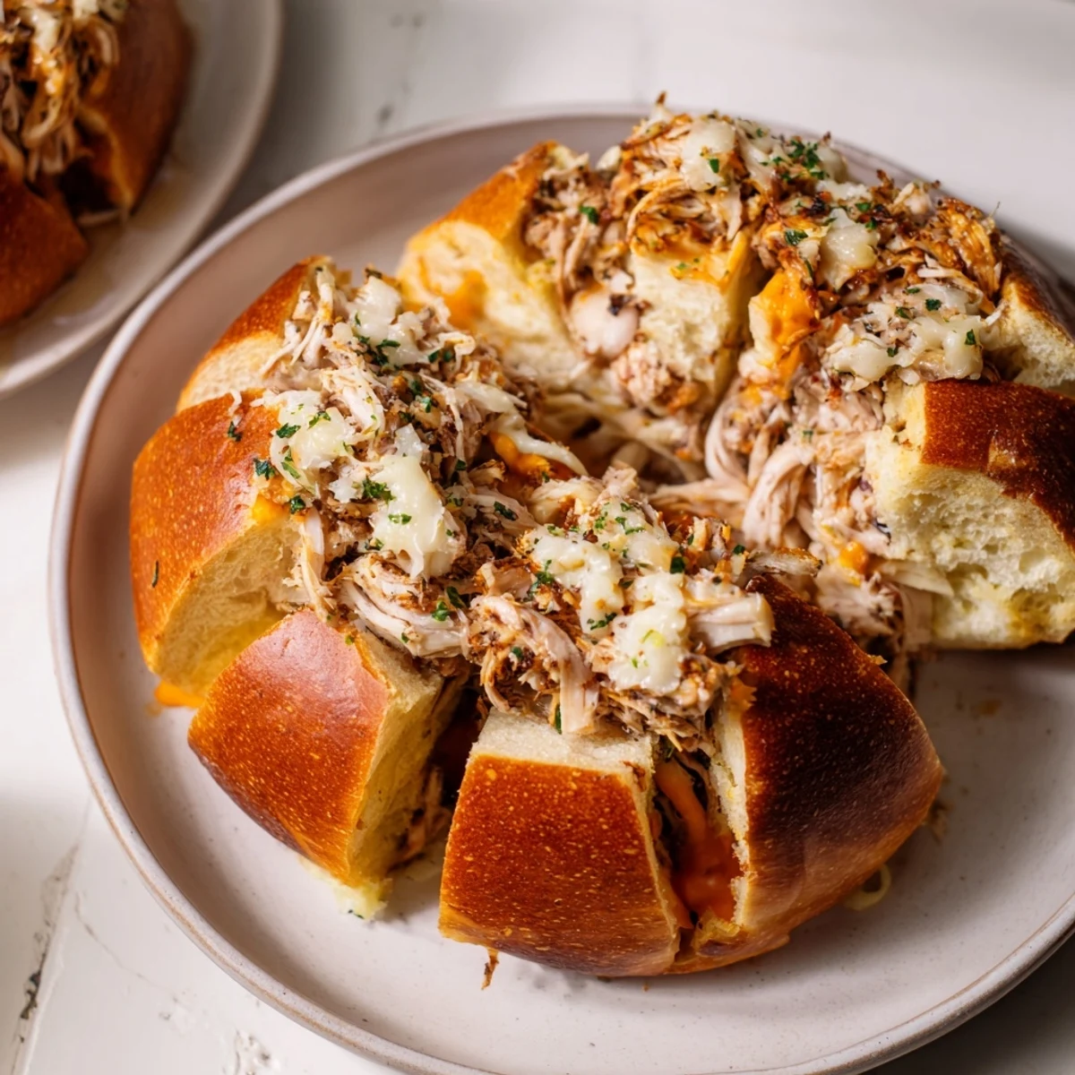 Gooey Cheesy Leftover Chicken Bake Pull-Apart Bread: a warm, delicious, cheese-laden bread perfect for sharing.