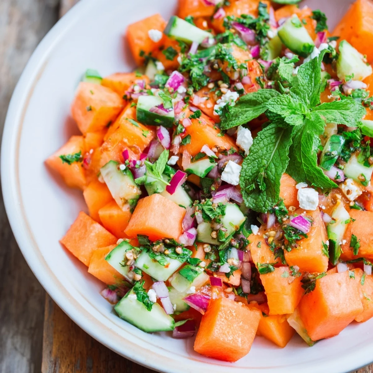 Crisp Cucumber and Watermelon Hot Girl Salad with crumbled feta and vibrant herbs.