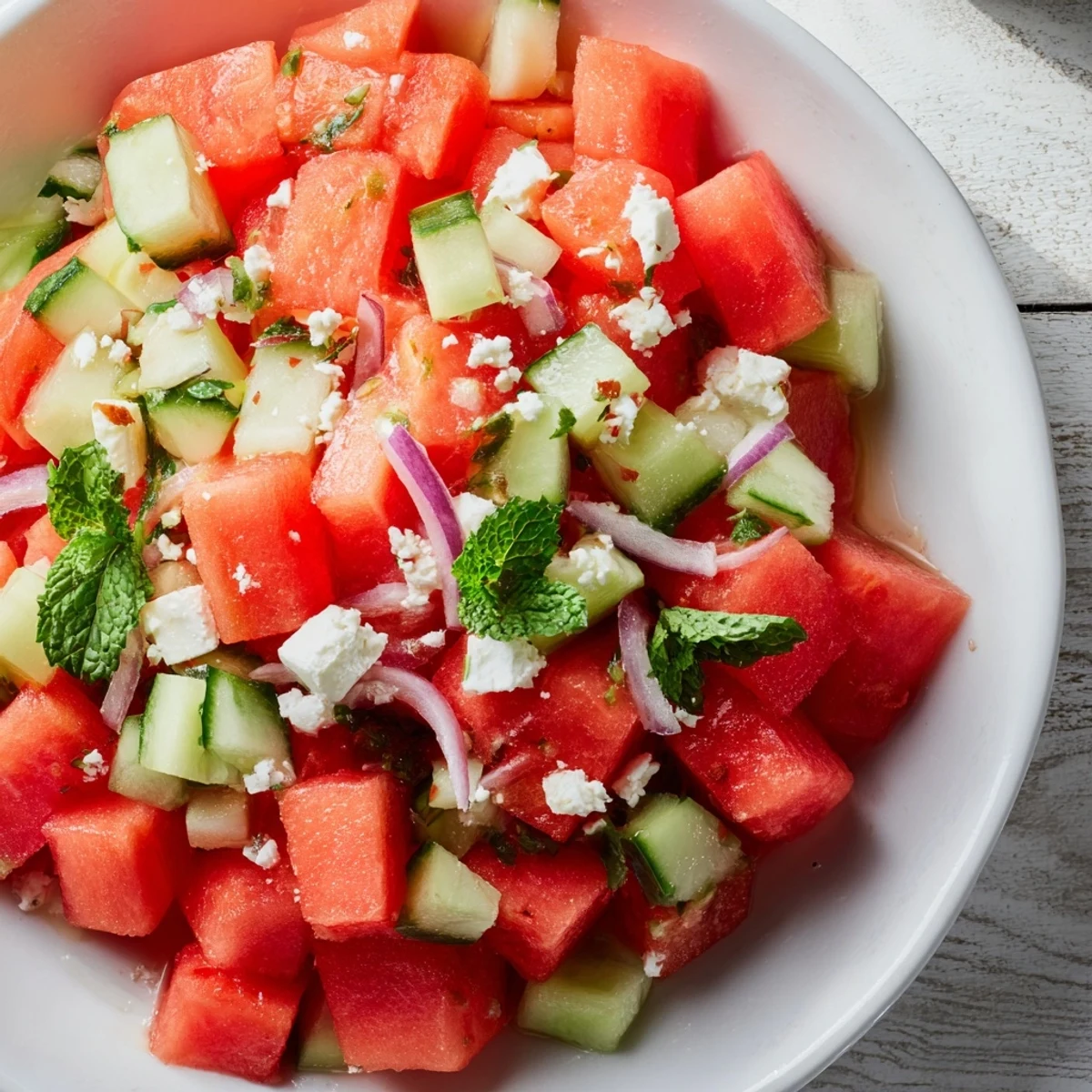 A chilled bowl of Cucumber and Watermelon Hot Girl Salad, drizzled with a zesty lime dressing.