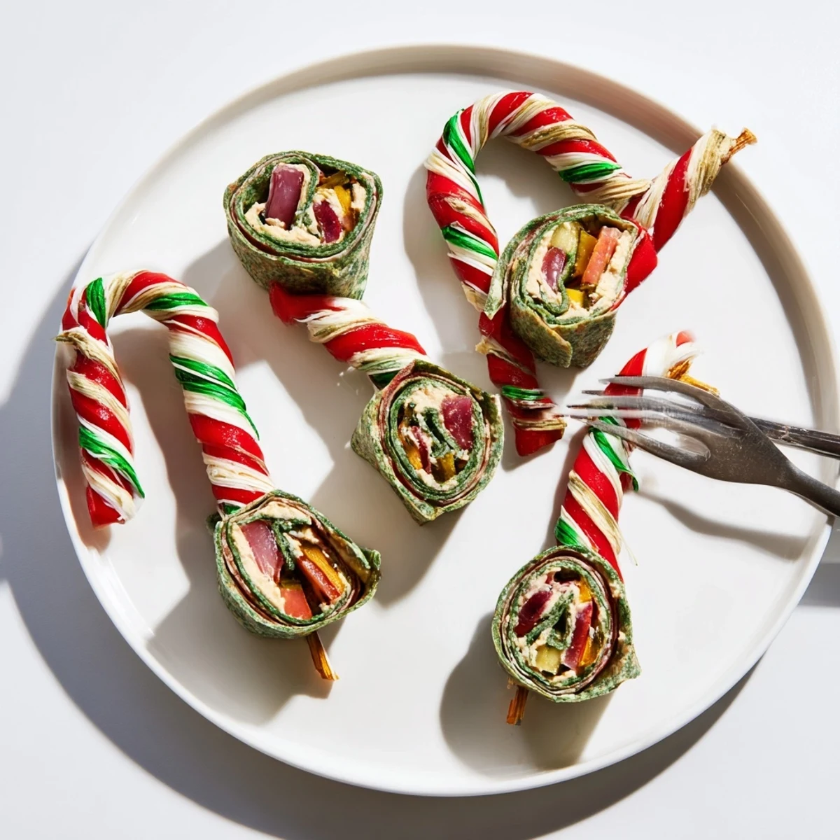 Vibrant candy cane pattern of roasted veggies in this healthy Roasted Veggie & Hummus Wrap awaits.