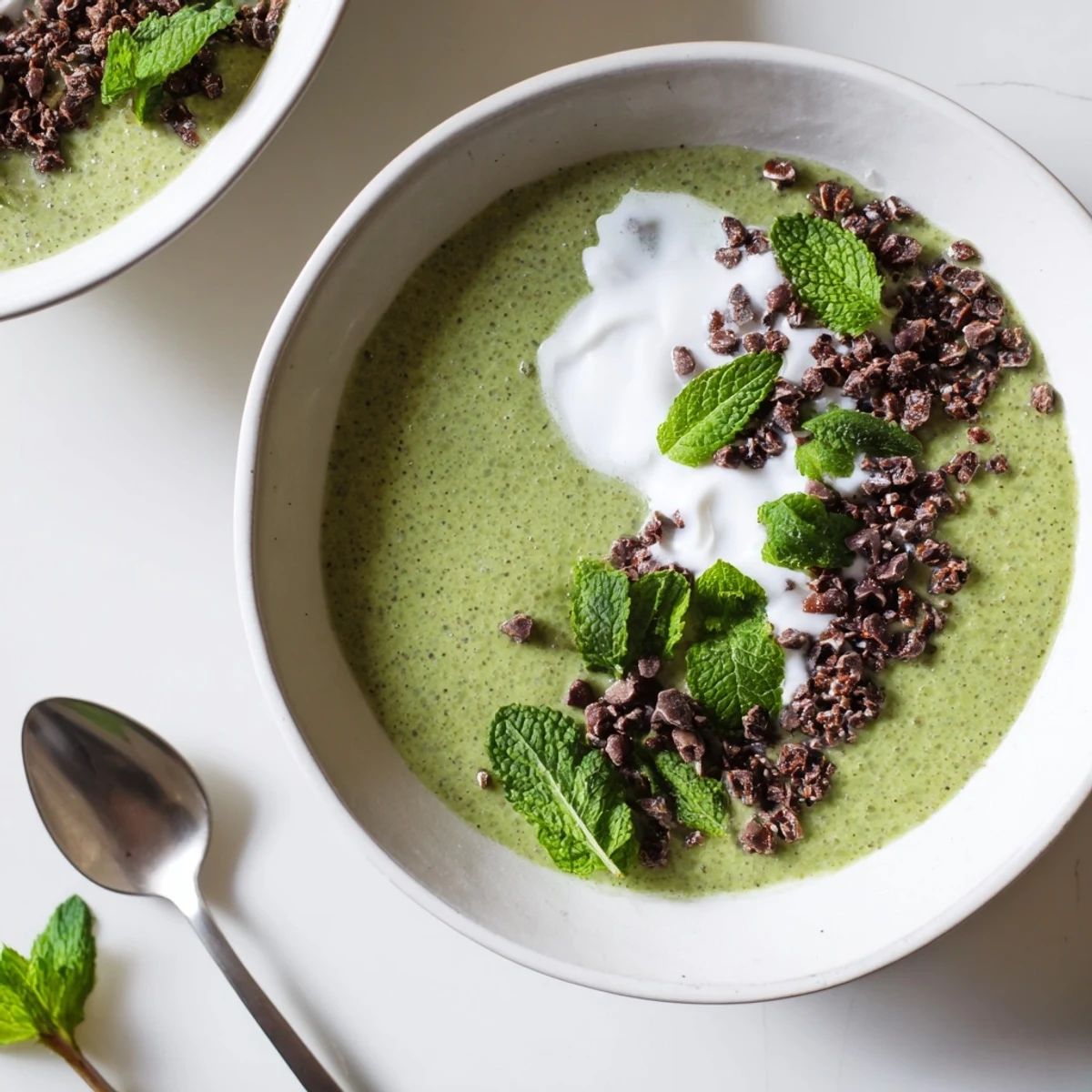 Enjoy a spoonful of creamy Grinch Green Mint Matcha Breakfast Chia Pudding, perfect for a festive and healthy breakfast.