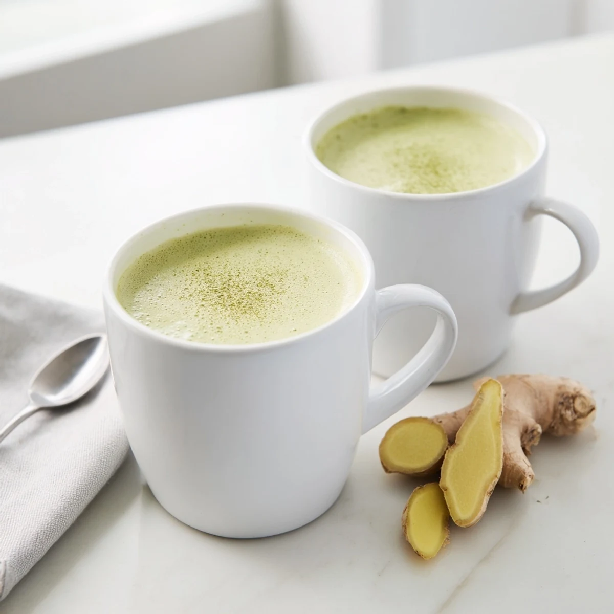 Steaming Coconut Ginger Matcha Winter Immunity Latte, a vibrant green, warm drink for cozy winter evenings.