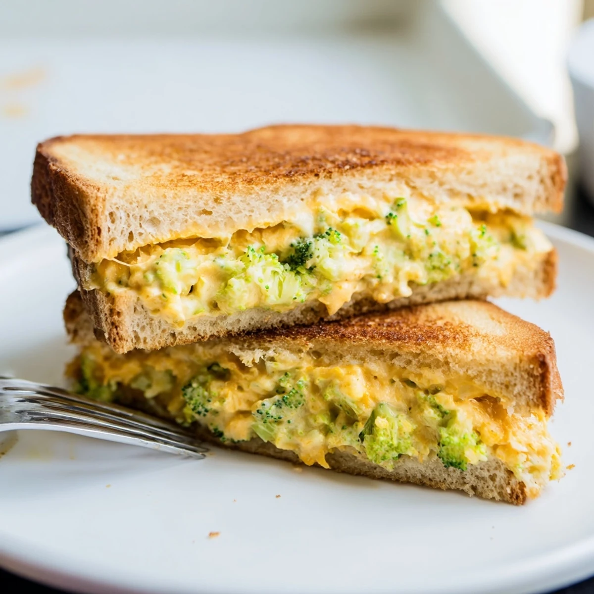 Golden-brown Air Fryer Broccoli Cheddar Stuffed Grilled Cheese, a comforting vegetarian main dish option.