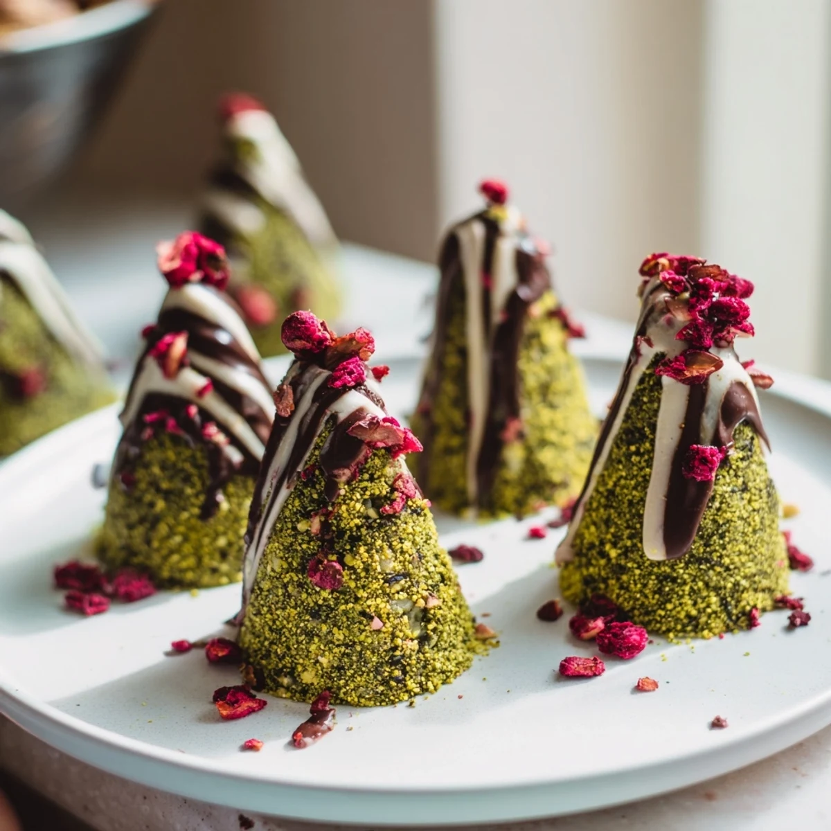 Close-up of Matcha Pistachio Christmas Tree Energy Bites, drizzled with white chocolate and garnished with cranberries.