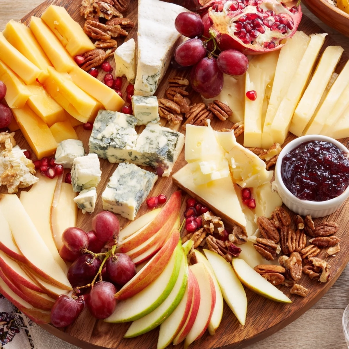 Golden-hued cornucopia harvest board laden with cheeses, fruits, and cured meats, perfect for sharing.