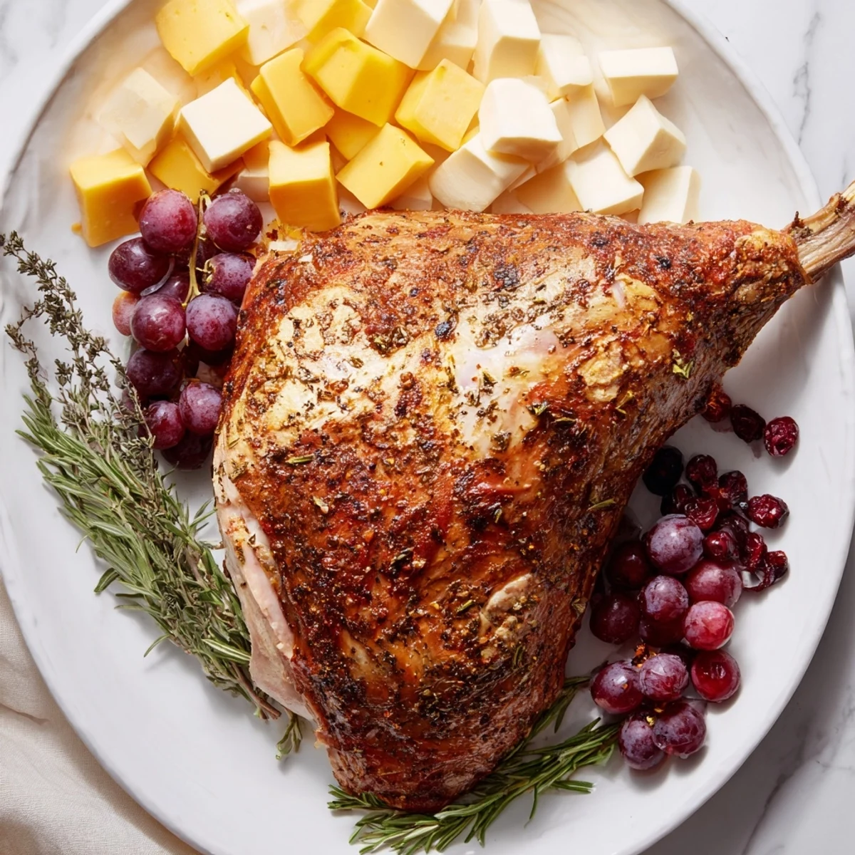 A close-up view of Thanksgiving Turkey Legs Charcuterie: turkey, cheddar, and vibrant garnishes for a holiday feast.