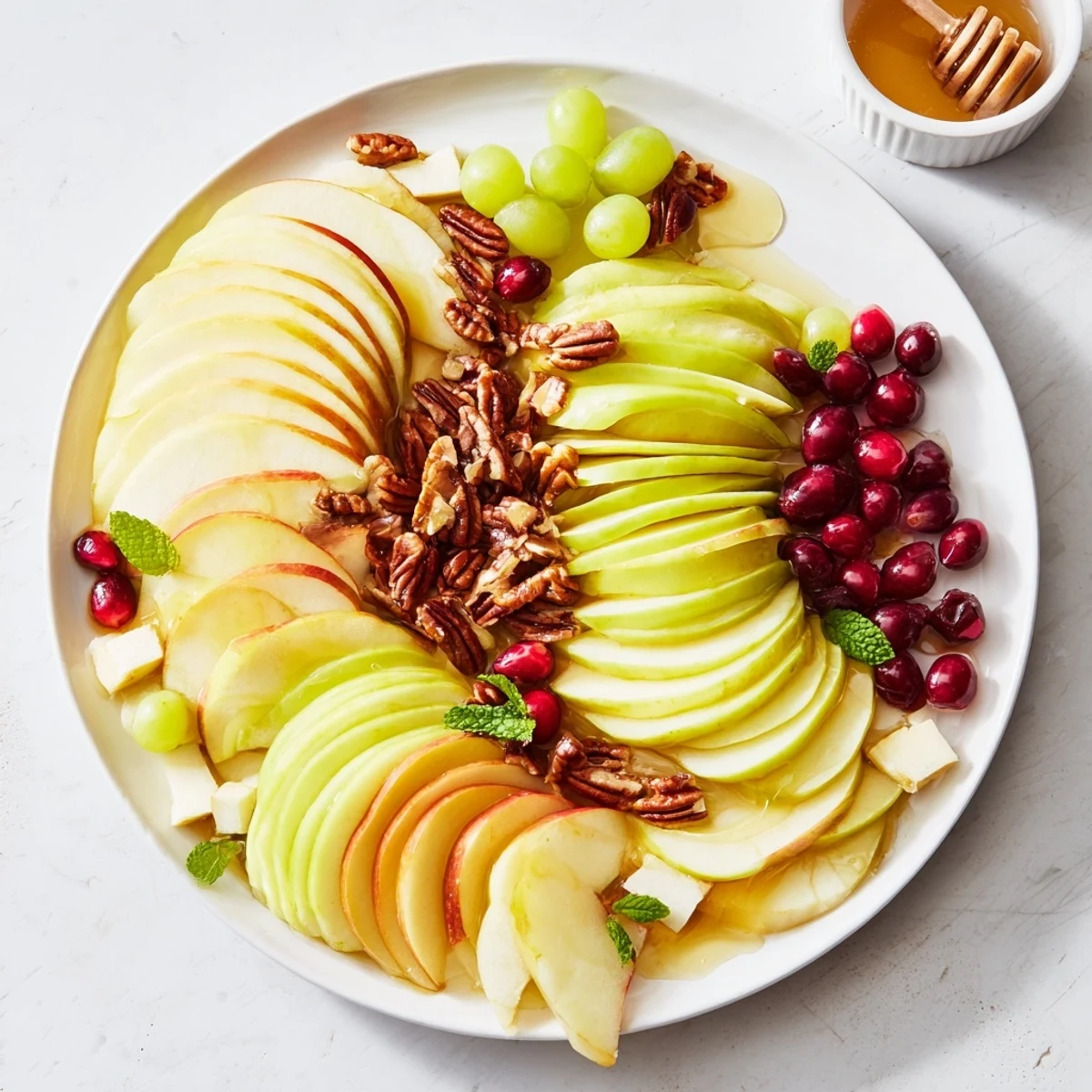 Apple Orchard Fruit Board overflowing with vibrant, sliced apples, grapes, and cheddar cheese, ready to enjoy.