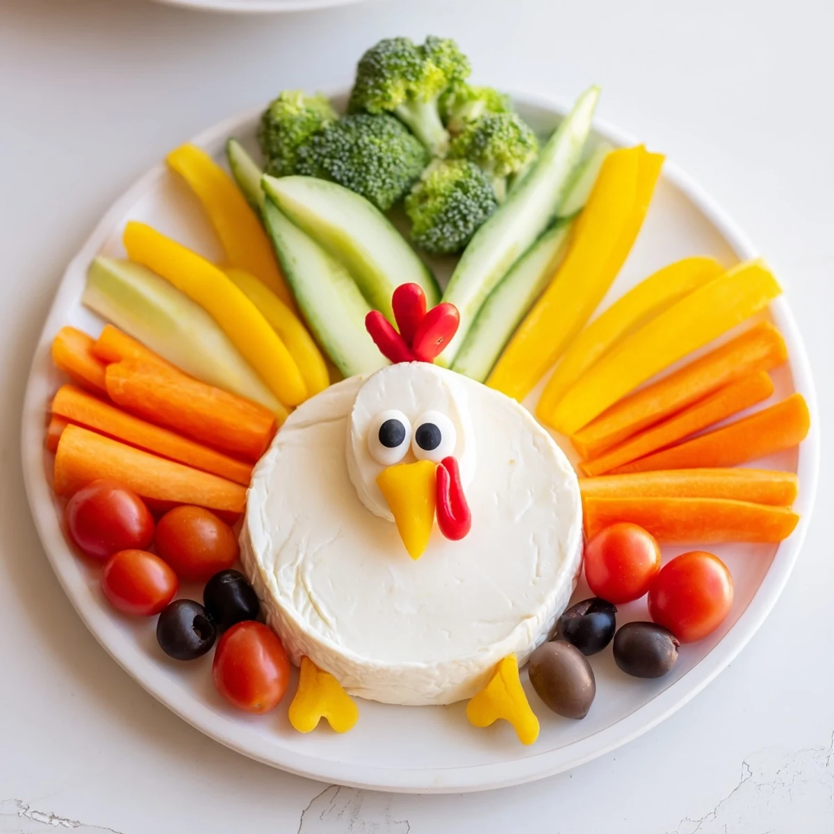 Easy Turkey Shaped Appetizer Tray, featuring cheese and fresh vegetables; ideal party appetizer for everyone.
