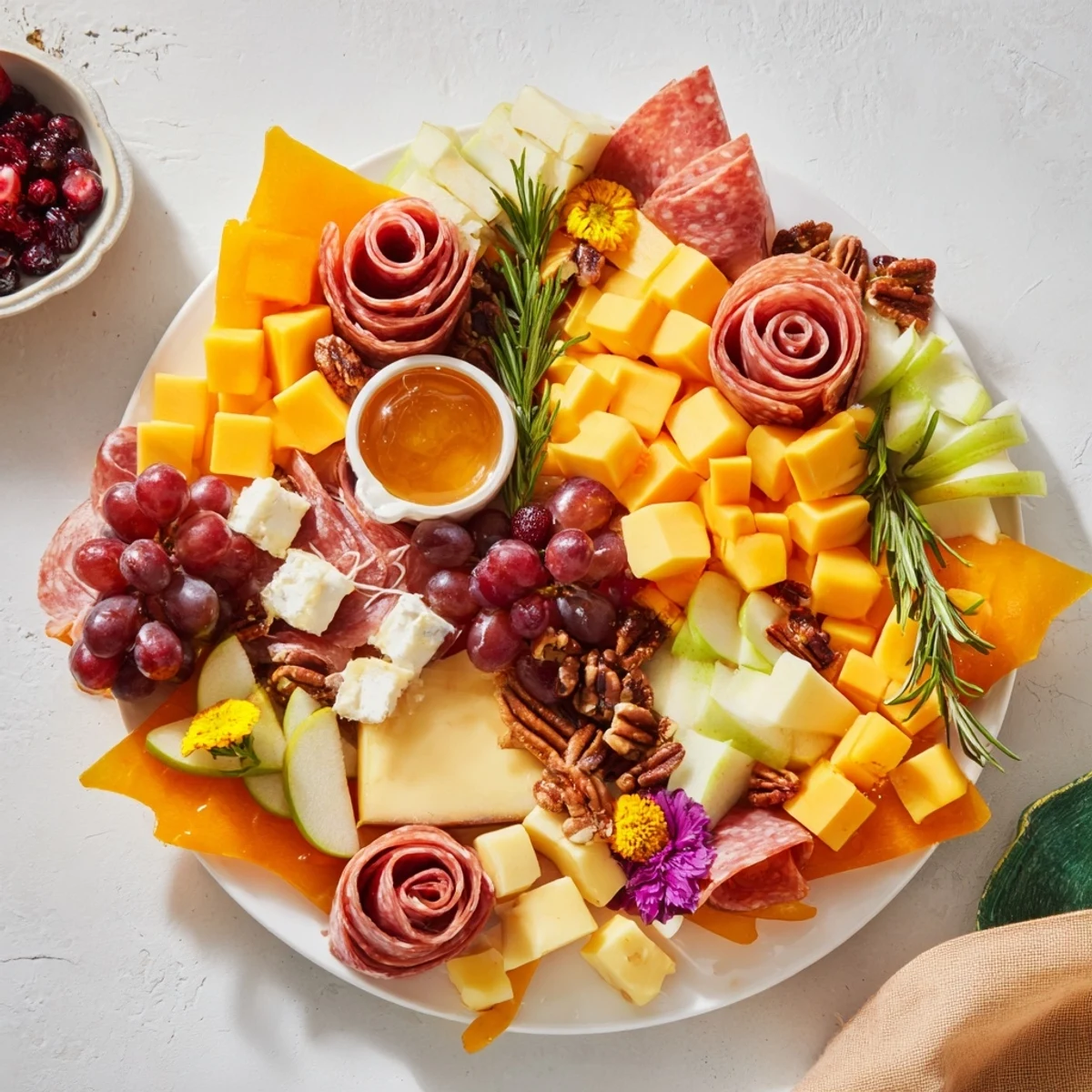 Magnificent maple leaf grazing tray, showcasing delicious cheeses and charcuterie ready to enjoy.