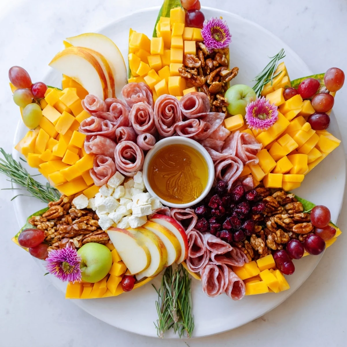 Delectable Maple Leaf Grazing Tray, overflowing with colorful fruits, nuts, and crackers for an autumn gathering.