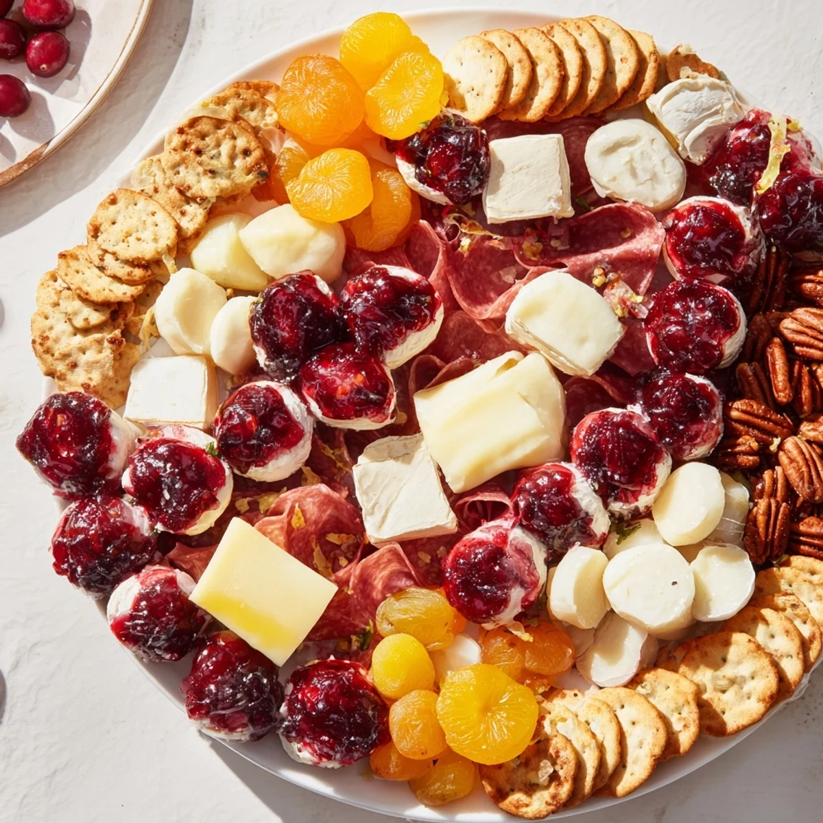 Festive Cranberry Wreath Platter with vibrant red cranberries, cheeses, and savory meat selections arranged beautifully.