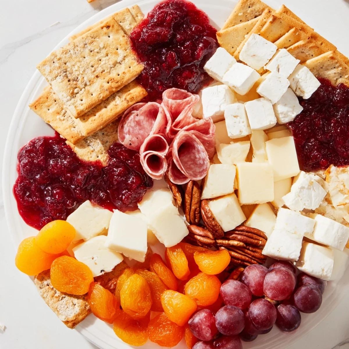 A stunning, circular Cranberry Wreath Platter showcases a colorful assortment of party appetizers perfect for guests.