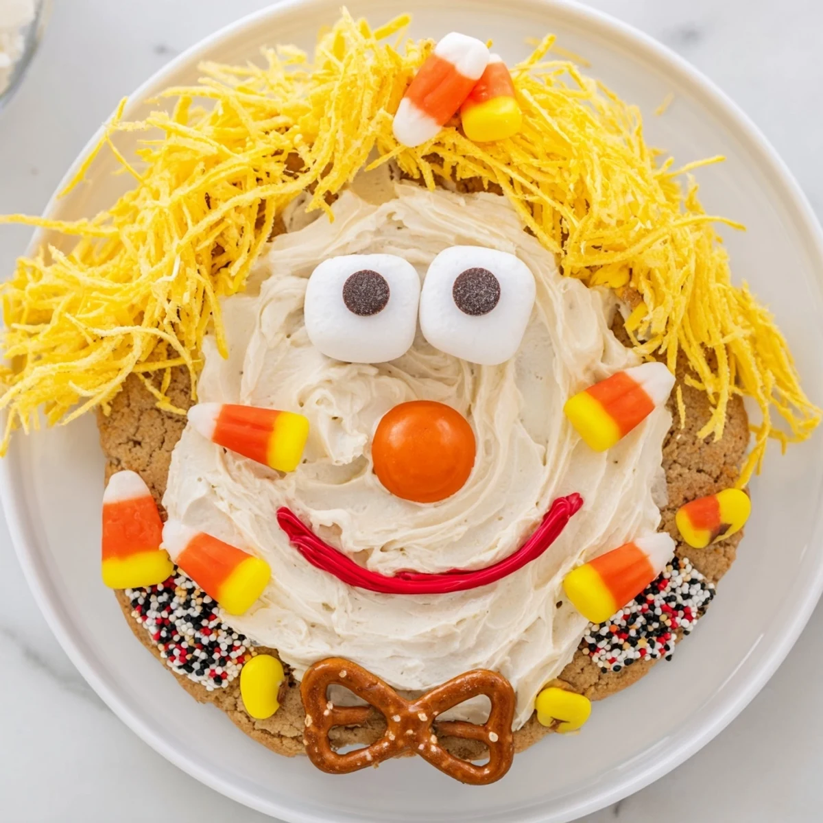 Delicious and festive Scarecrow Candy Platter, perfect for a party, with a smiling face made of candy.
