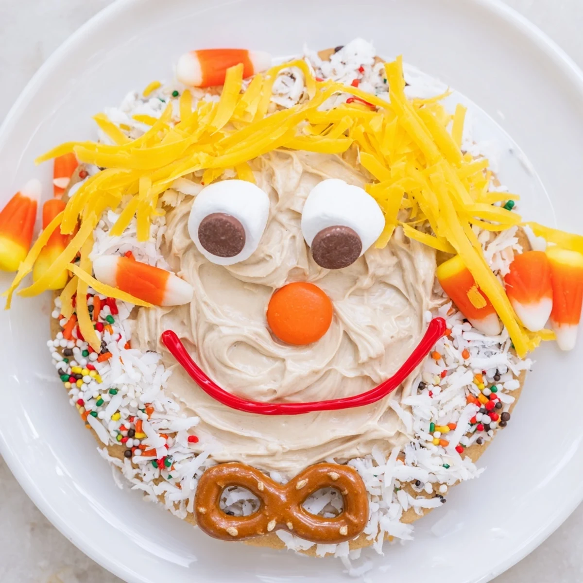 Sweet and fun Scarecrow Candy Platter, an easy no-bake dessert with pretzel bow ties and candy corn.