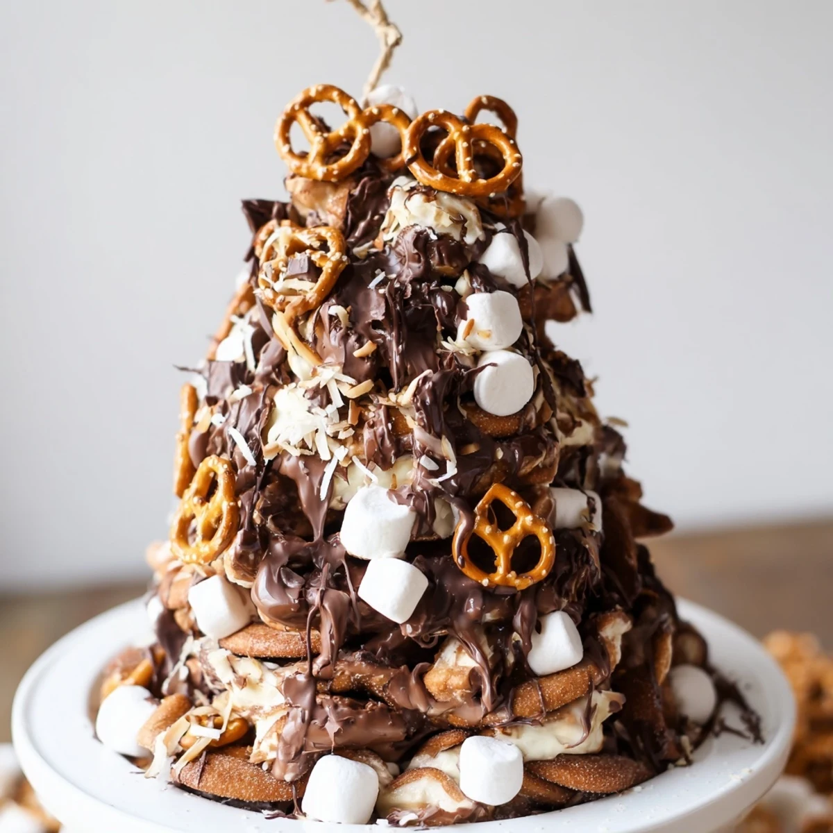 Sweet, textured Haystack Candy Tower, ready to eat and full of chocolate and peanut goodness!
