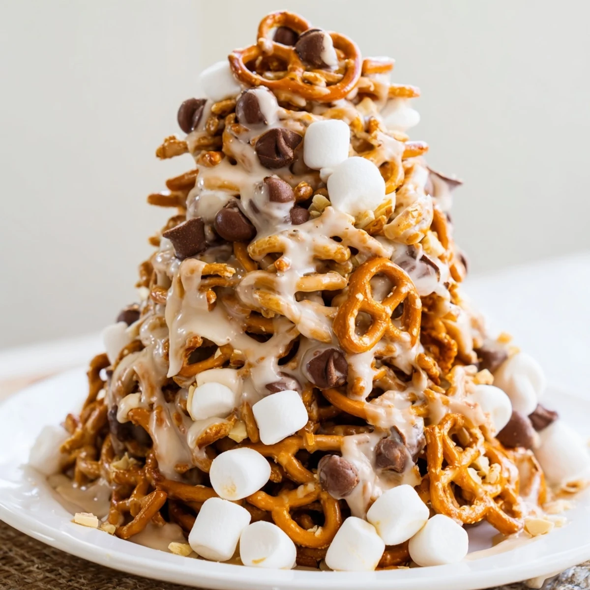 A towering, delicious Haystack Candy Tower, a shareable dessert with layers of crunchy treats.