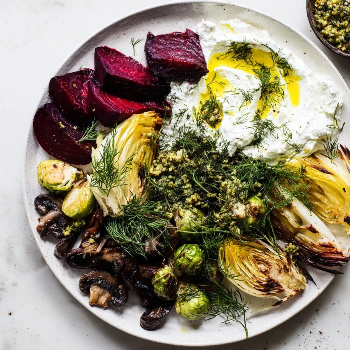 A vibrant Pine Forest Winter Mezze Board, showcasing roasted vegetables and creamy labneh for a holiday feast.