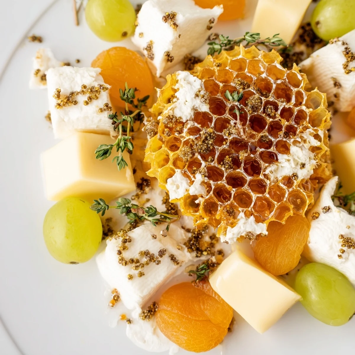 Golden honeycomb and cheeses create a delightful Busy Bee Honeycomb Snack Plate spread.