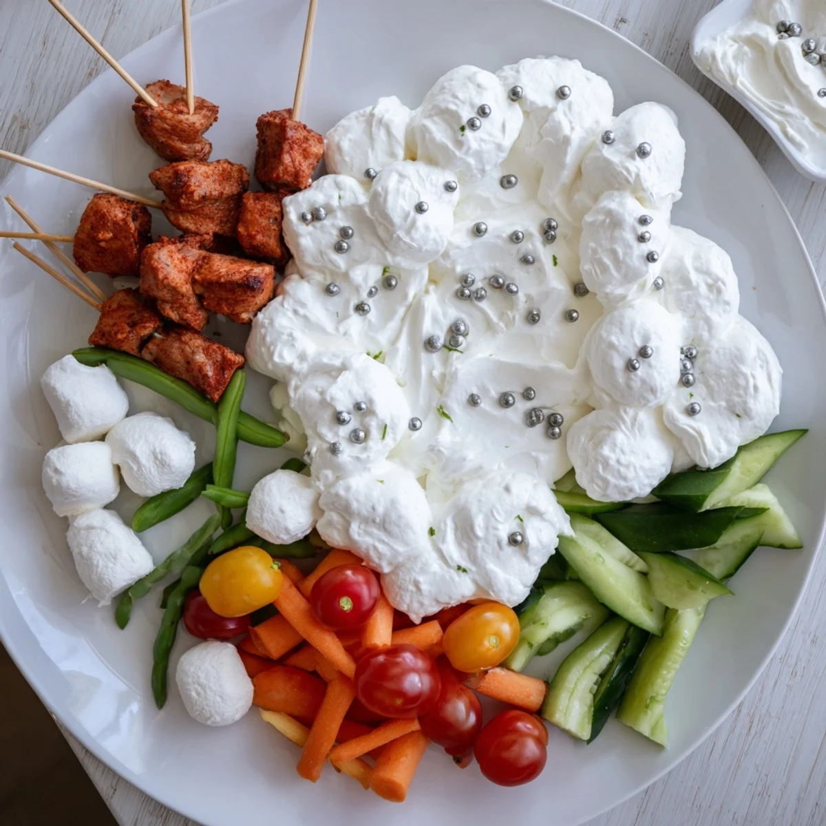 A delightful view shows colorful vegetables and tempting Fluffy Clouds Lamb Baby Shower Board selections for everyone.