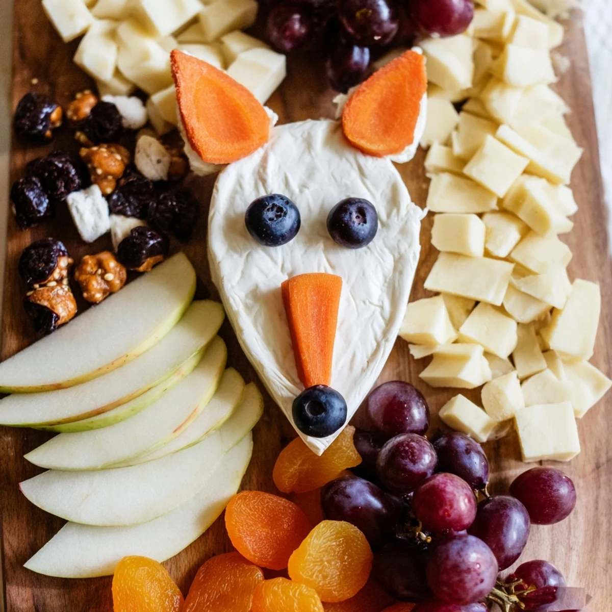 A festive Whimsical Fox Fall Treat Board, with goat cheese fox face and autumn fruits ready to share.